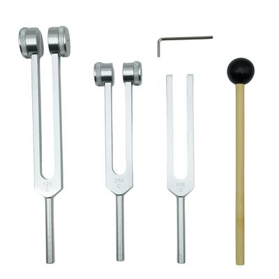 Stimmgabel-Set mit Silikonaufbewahrung aus Aluminium, ideal für Musik, Wissenschaft und Klang (3 Stimmgabeln 128 Hz, 256 Hz, 512 Hz) Hammer, Basis, Beutel,
