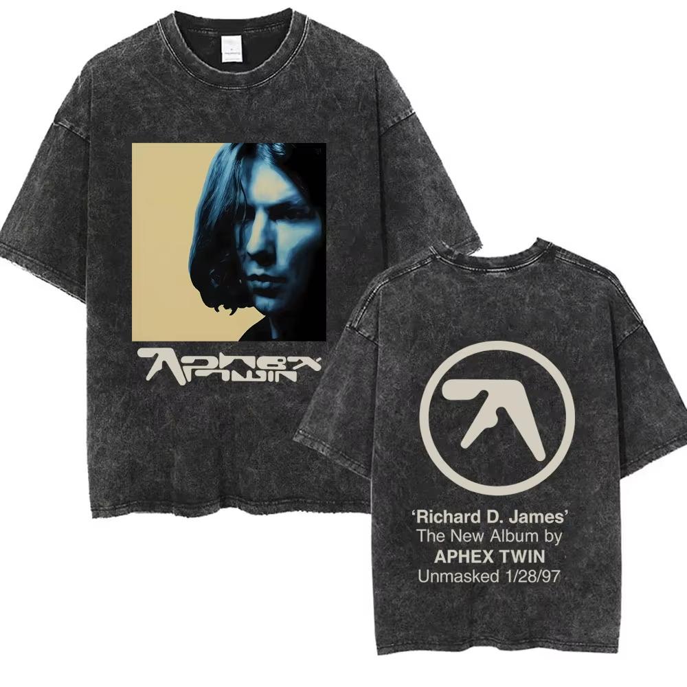 Aphex Twin Washed Vintage T-Shirt Herren Damen Mode Lässig Oversized Kurzarm T-Shirt Männlich Baumwolle Retro T-Shirt