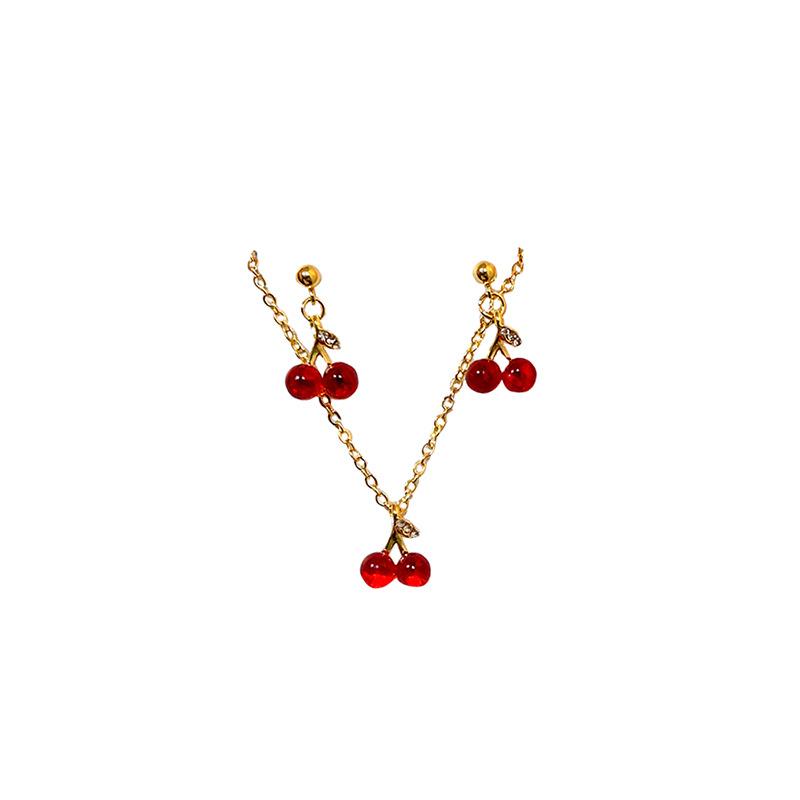 French Garnet Cherry Pendant, Burgundy Stud Earrings Necklace Set, Sweet Girly Factory.