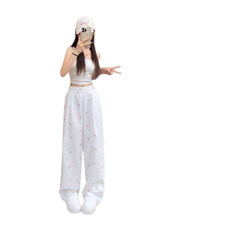 White Floral Yamamoto Women's Slim Straight Wide-Leg Bow Pants - 2025 Summer Collection.