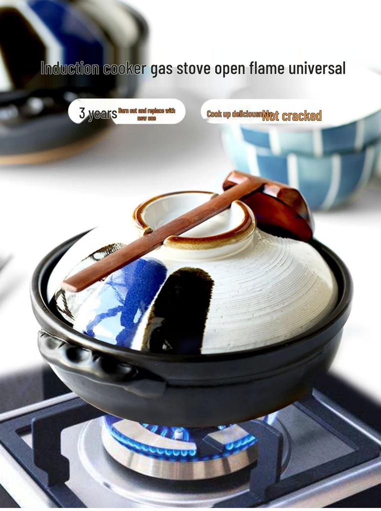 Japanse Keramische Kleipot: Multi-Use Stoofpot, Rijstkoker, Gas- en Inductiekookplaat - Kleine Maat Steen en Platte Pan voor Soepen.