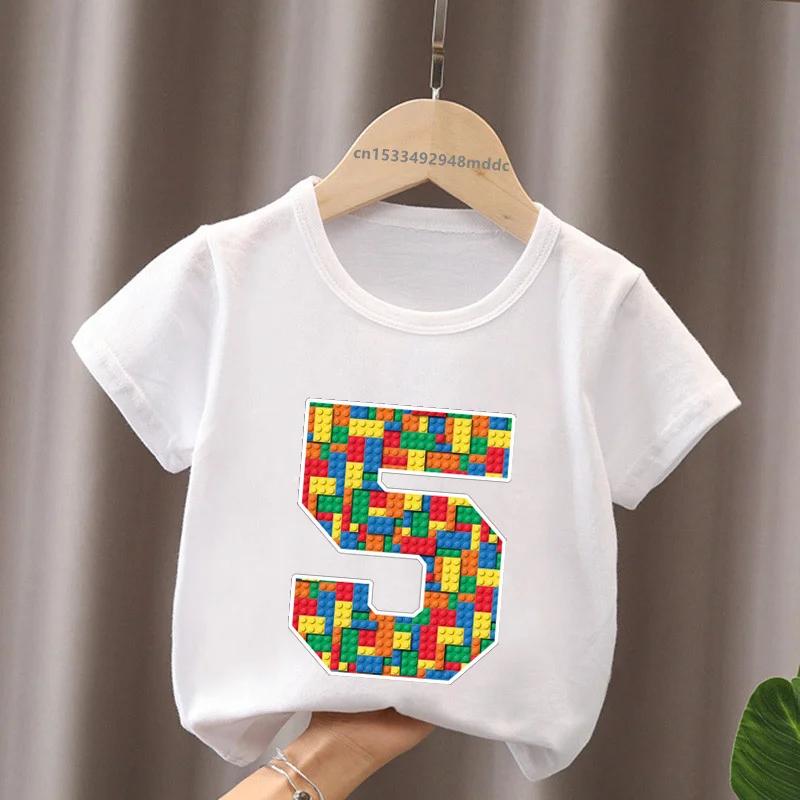 Cartoon Building Blocks Bricks Print Kids TShirt Number Tees for Boys And Girls Funny Birthday Baby Top 29 Years