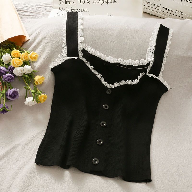 Lace Patchwork Fungus Edge Short Slim Fit Vest for Women New Candy Color Versatile Breasted Camisole for Summer