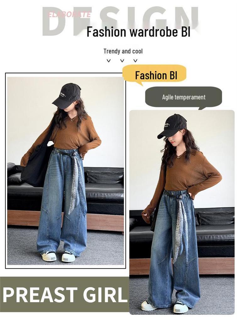 Autumn 2026 Girls' Baggy Wide-Leg Jeans - Casual, Stylish, and Comfortable for Medium and Large Kids