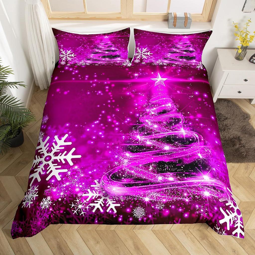 Pink Plaid Christmas Tree Three-Piece Quilt Cover 3D Digital Printing Bedding Set Bed Cover