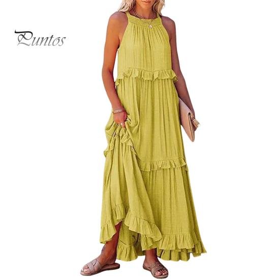 Dámské letní šaty s volánky, halterový výstřih, bez rukávů, volné, jednobarevné, plisované, s odhalenými rameny, patchworkové, dovolenkové, plážové, maxi šaty