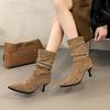 Foreign temperament thin heel high heel pointed thin short boots women's 2025 new autumn and winter versatile pleated pile naked boots