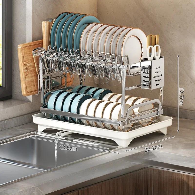 Adjustable 2-Tier Stainles Steel Dish Drying Rack Kitchen Plates Bowls Organizer Practical Dish Drainer & Utensils Storage Rack