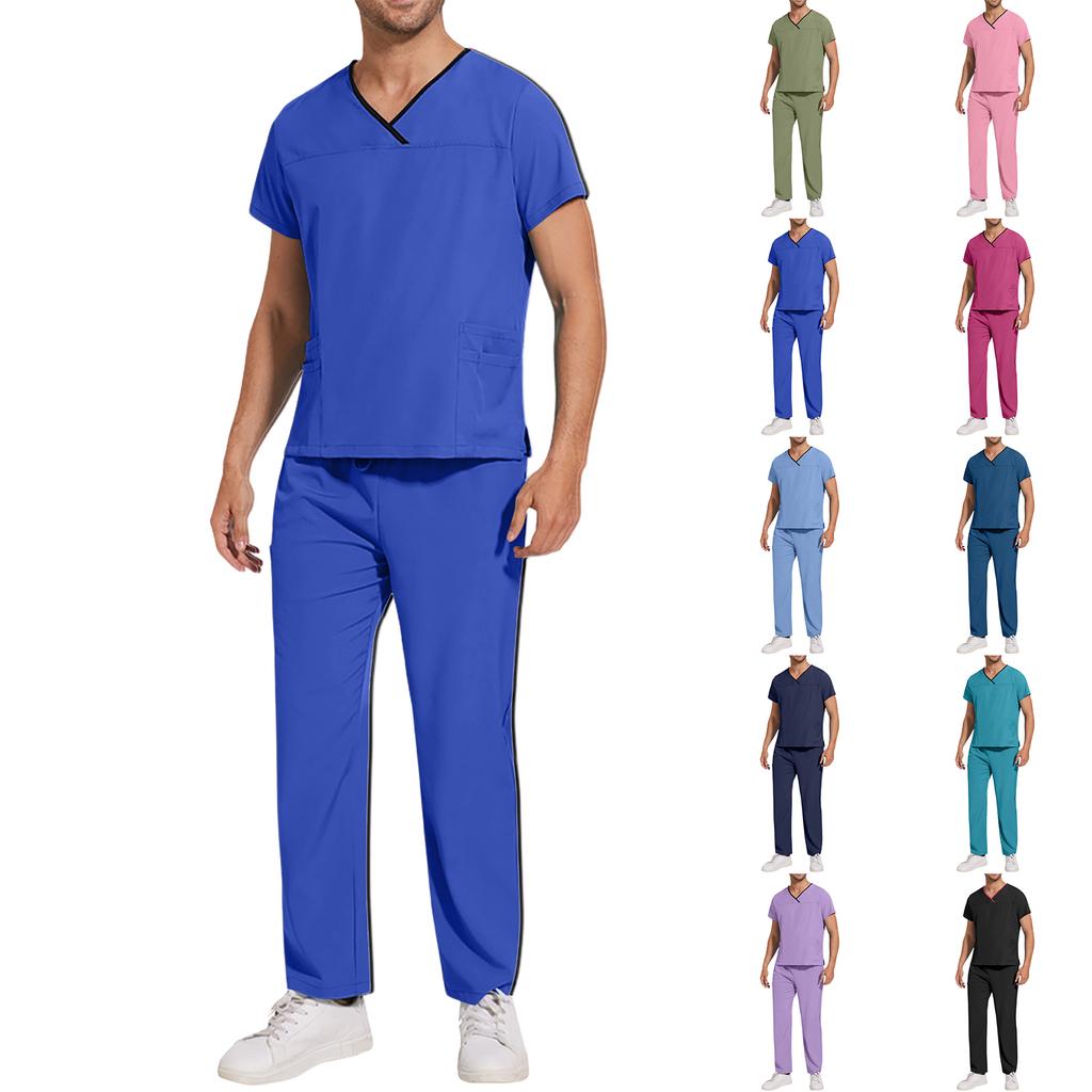 Pánský volný a pohodlný pracovní oděv s výstřihem do V a krátkým rukávem, vícekapsový kosmetický komplet