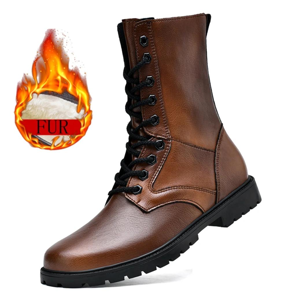 Bezpečnostní trekingové moto boty zimní dlouhé kožené jezdecké vysoké plyšové šněrovací motorizované boty pánské outdoorové boty z hovězí kůže Dermis