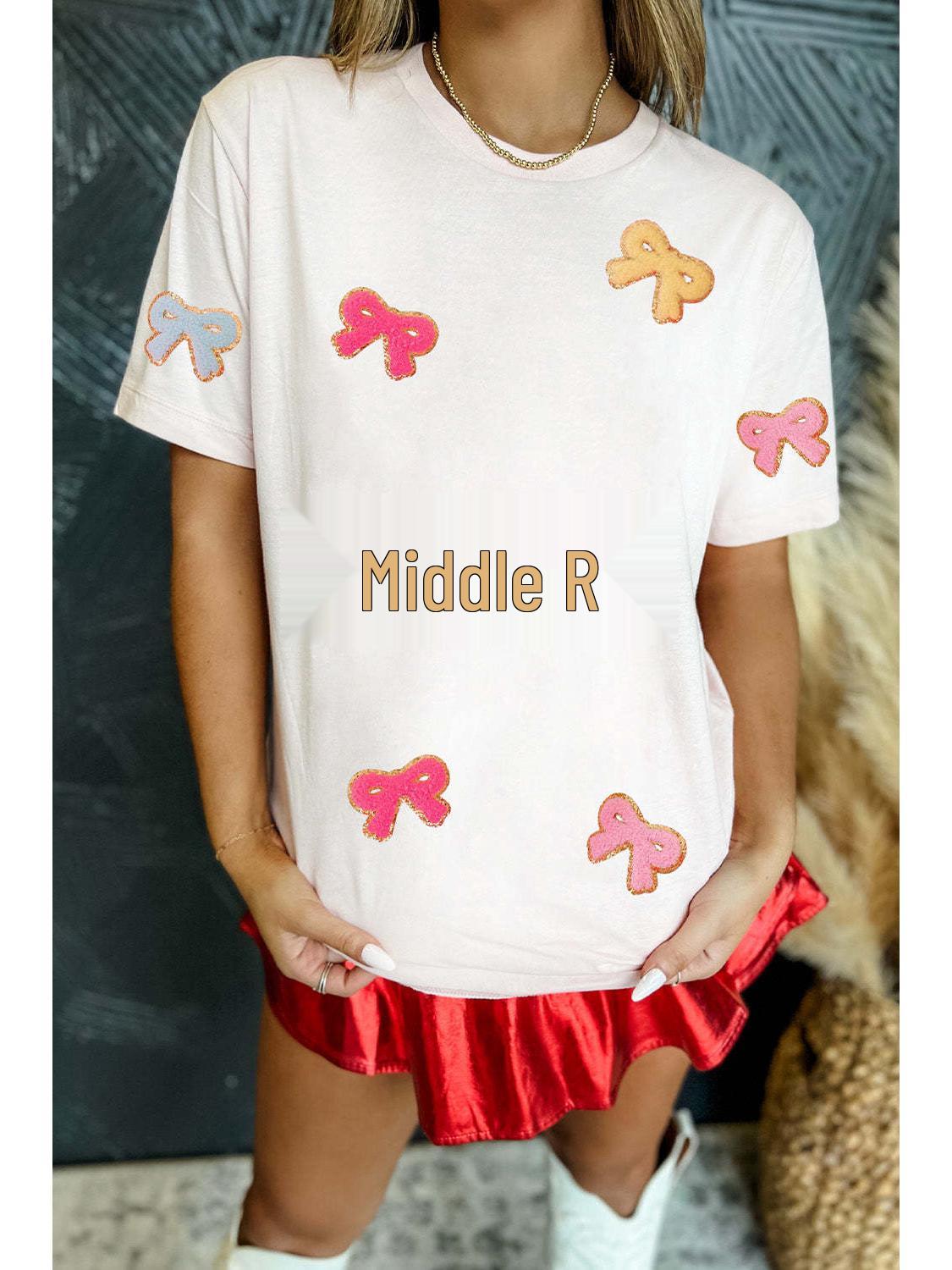 

New Floral Bow Print Round Neck Short Sleeve T-Shirt for Women Medium