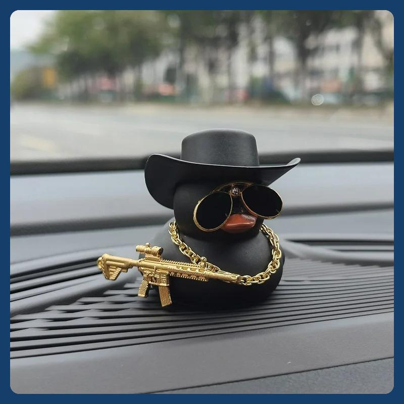 Cowboy Hat Ducks Trendy Car Dashboard Decoration Rubber Duck Office Car Decoration Ornament Black Duck with sunglasses Necklace