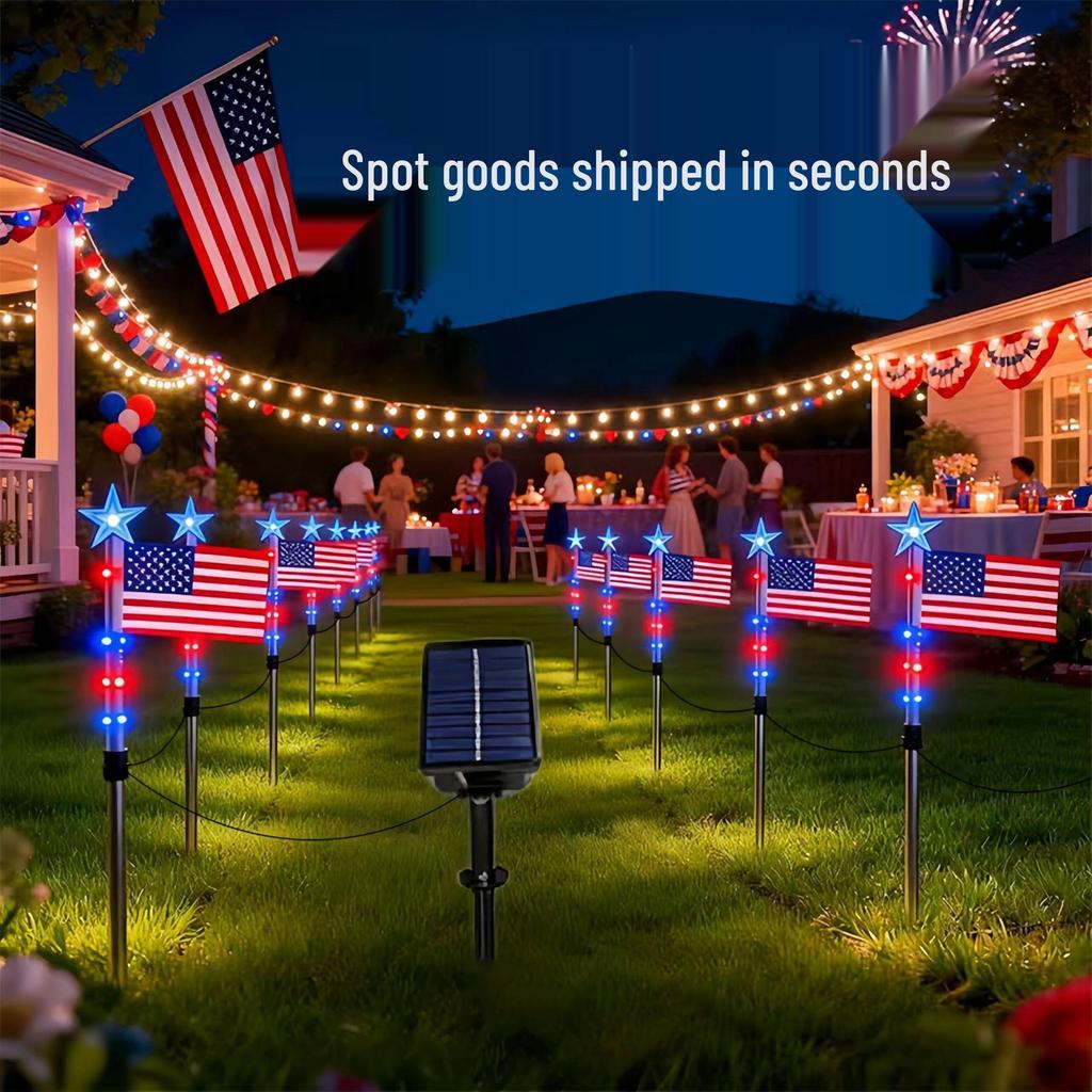 American Flag Solar String Lights: Outdoor Courtyard Festival Decoration with Remote-Controlled Colored Lights