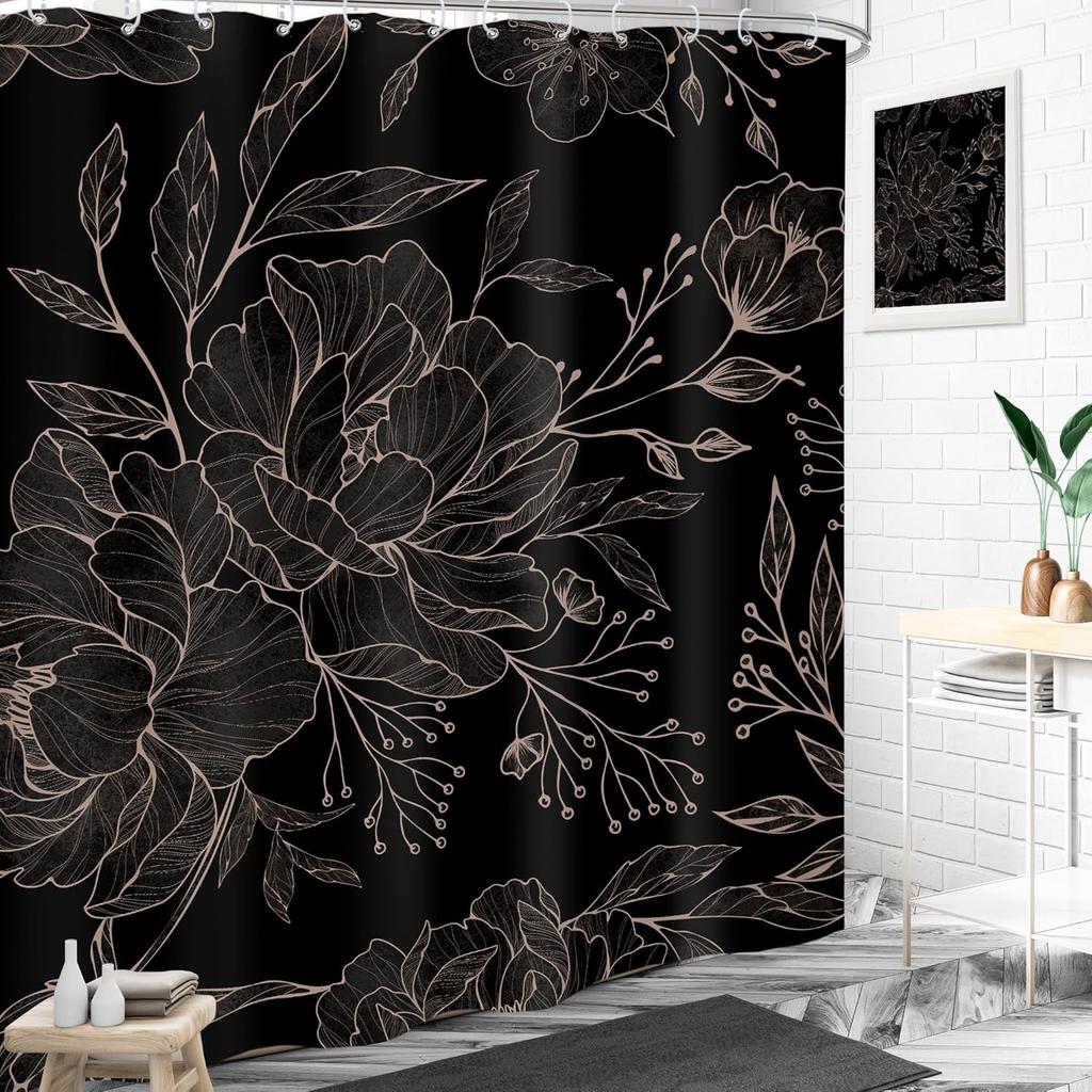 Black Peony Floral Shower Curtain Abstract Vintage Flower Blossom Plant Leaves Modern Elegant Women Cloth Fabric Waterproof