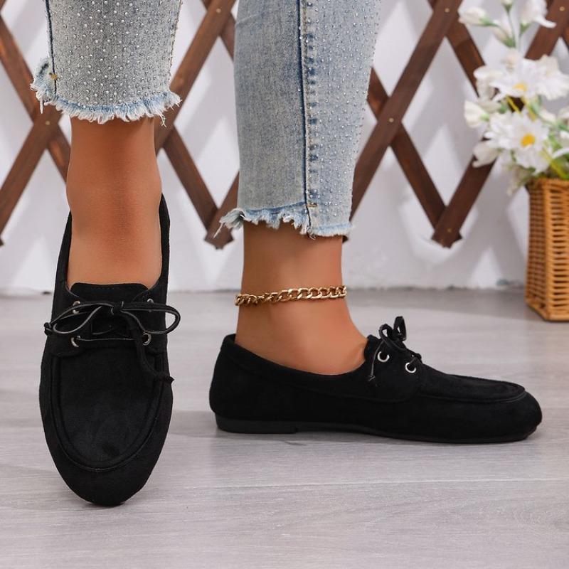 Classic Genuine Cow Suede Pumps Women Lace Up Flat Heel Boat Shoes Female Retro Comfort Daily Autumn Walk Flats