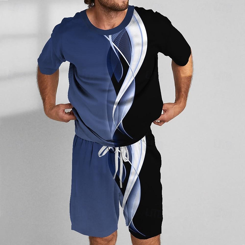 Men's Geometic Line 2pcs Tees sets Summer Tops Outdoor Vacation Sport 3D Print Summer Robin's Egg Blue White ash-colored