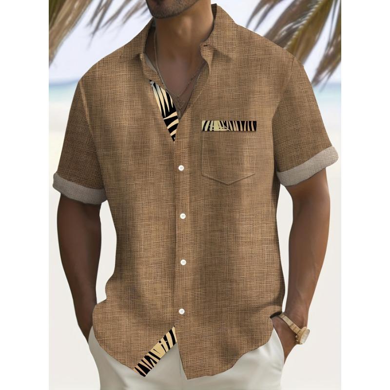 

Hawaiian Textured Gold Botanical Leaf Print Men s Button Pocket Short Sleeve Shirt XL