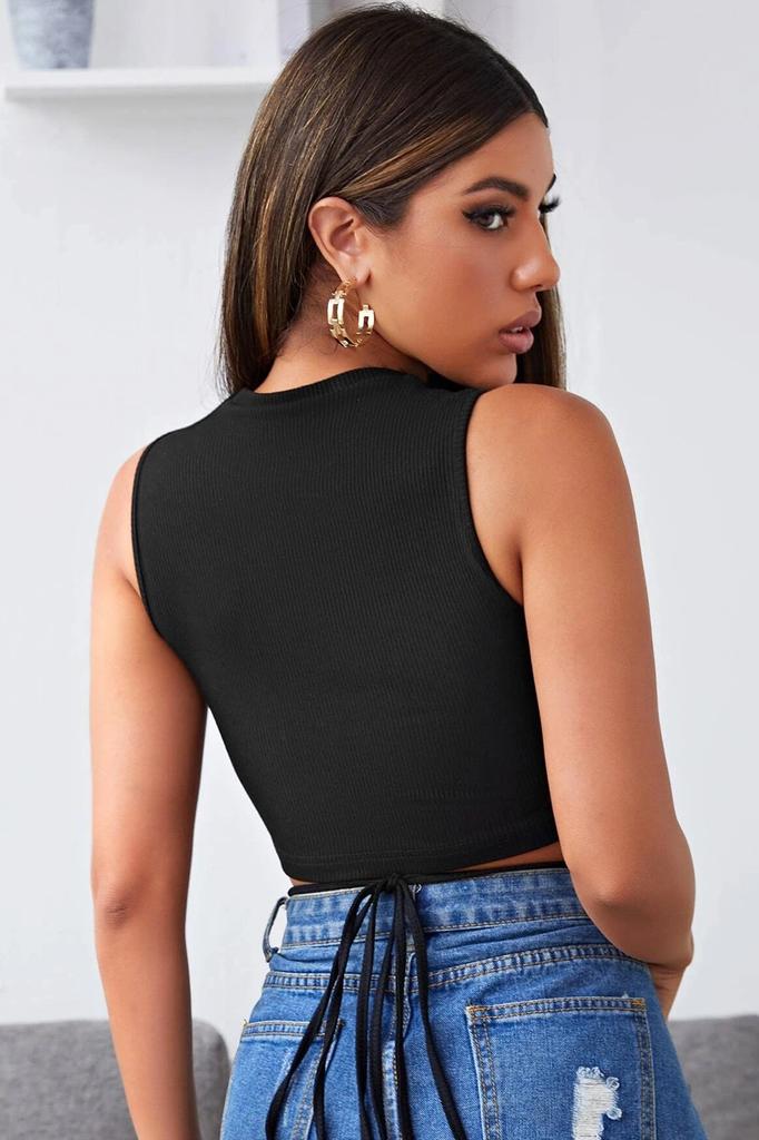 Women's Fashion New Blouse Female Black Cross Tie Crop Top Blouse