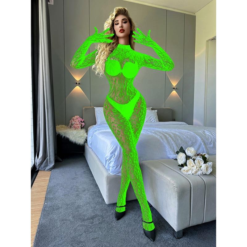 Sexy lingerie long-sleeved one-piece mesh socks mesh clothes closed crotch perspective