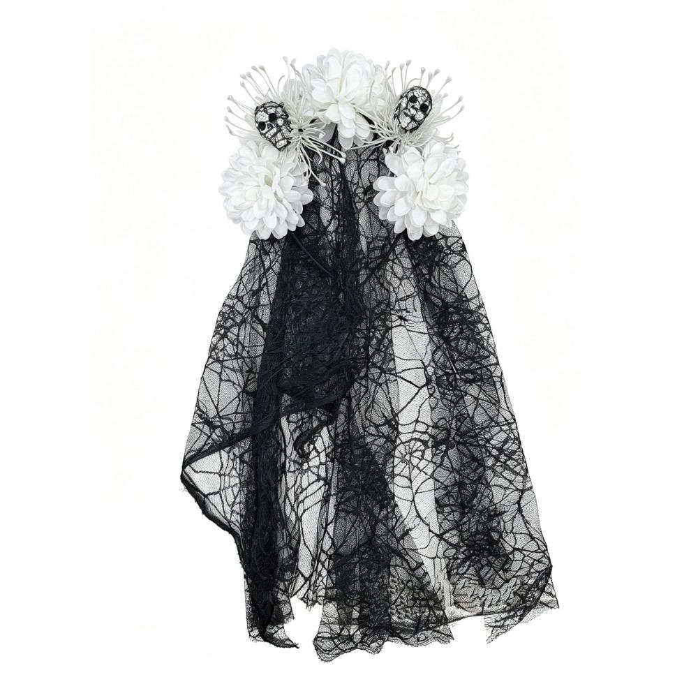 Dark Purple Skull Headband Lace Veil Gothic Hairband Stylish Skull Headwear Halloween Party