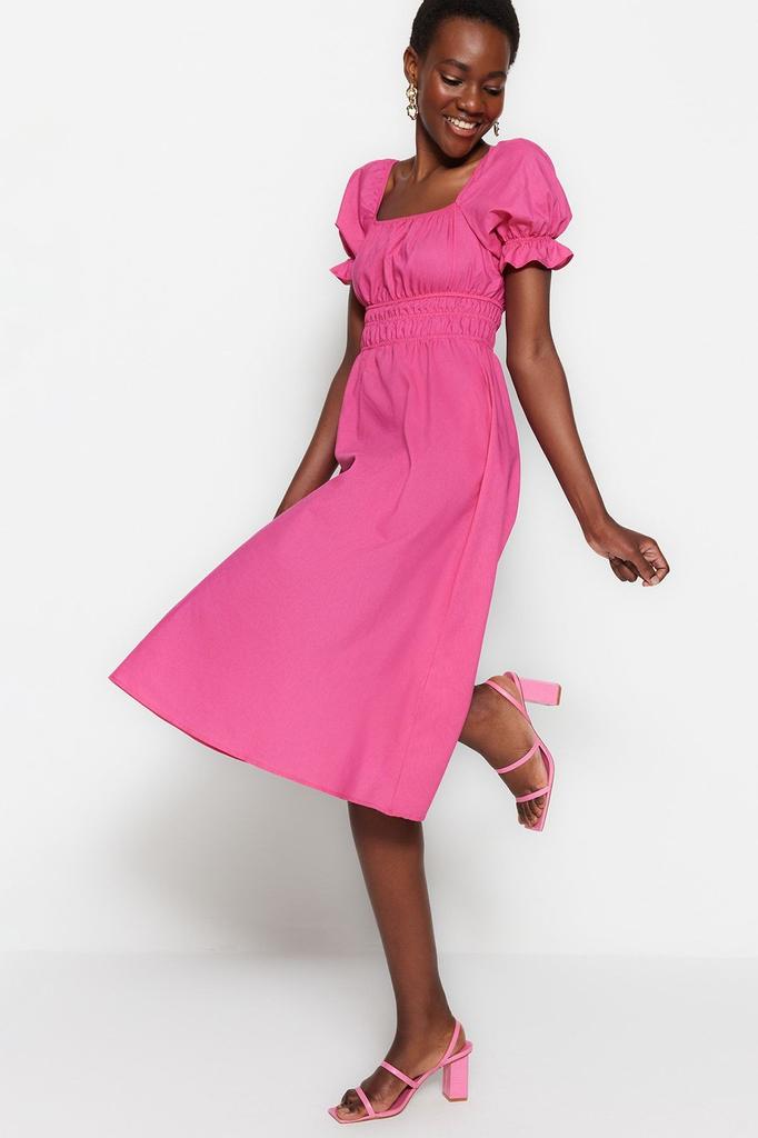 Women's Style Dress Fuchsia Skater Midi Woven Dress with Balloon Sleeves Opening At the Waist