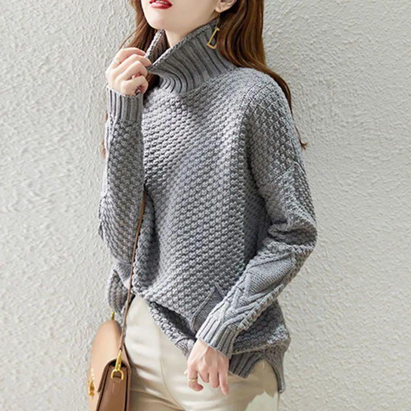 Autumn Winter Solid Color Pullover Long Sleeve  All-match Screw Thread Women's Clothing High-neckSweater Knitted Tops