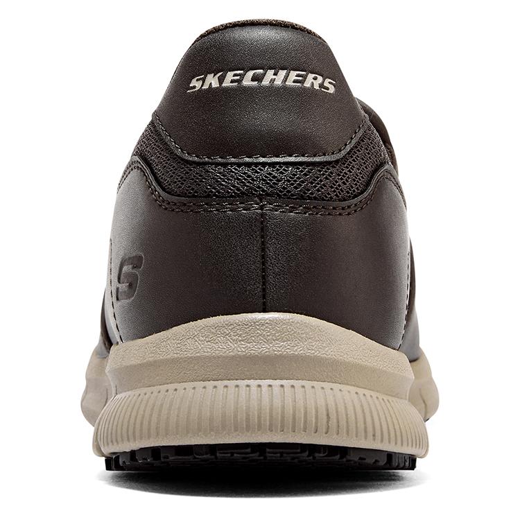 Skechers Entspannte Passform Arbeits-Slip-On Business Weiche Sohle Pendler Synthetikleder Sportlicher Komfort Niedrig geschnitten Freizeit-Schuhe Herren Sneaker Schokolade 77157-CHOC