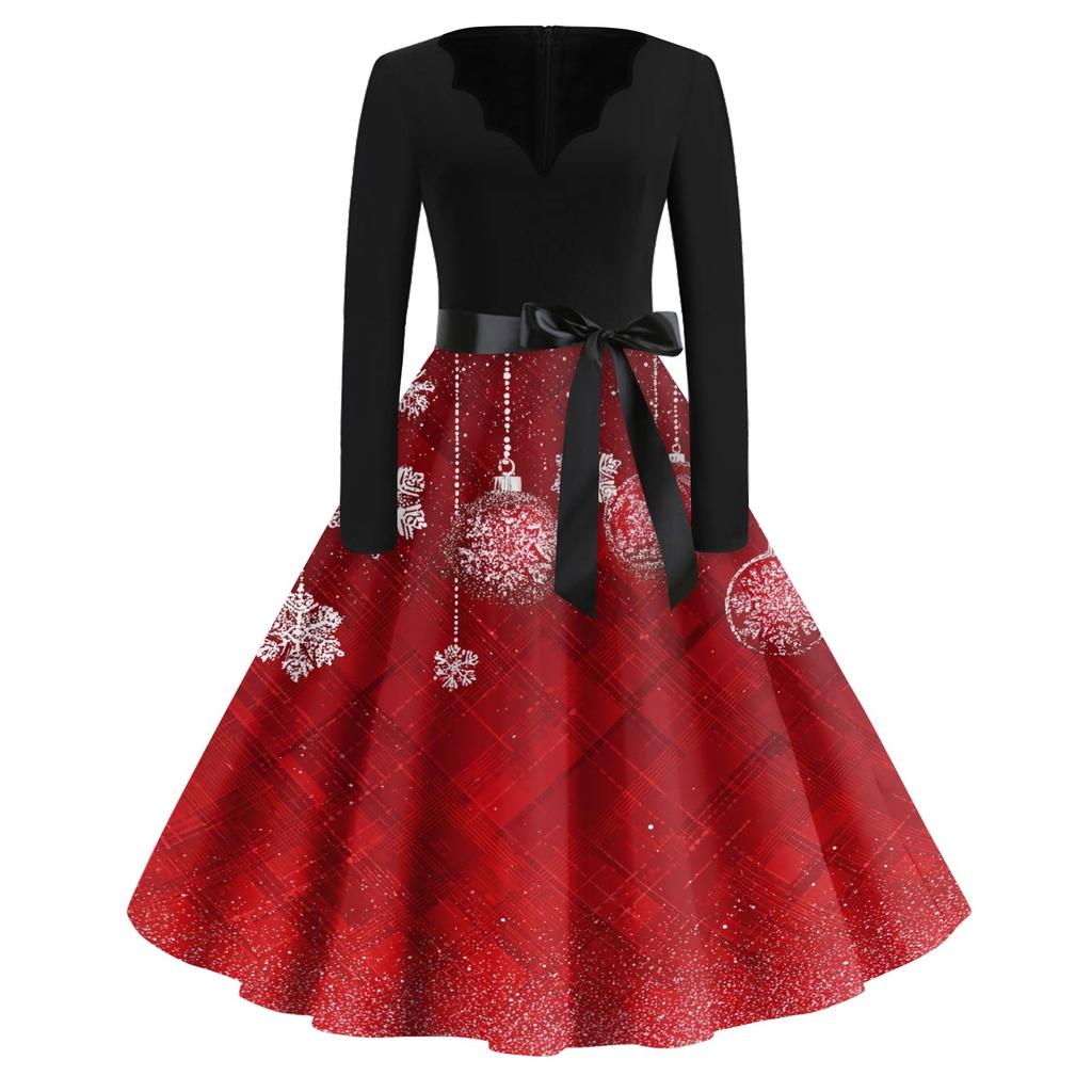 Women's Fashion V-Neck Relaxed-Fit Christmas Print Long-Sleeved Dress