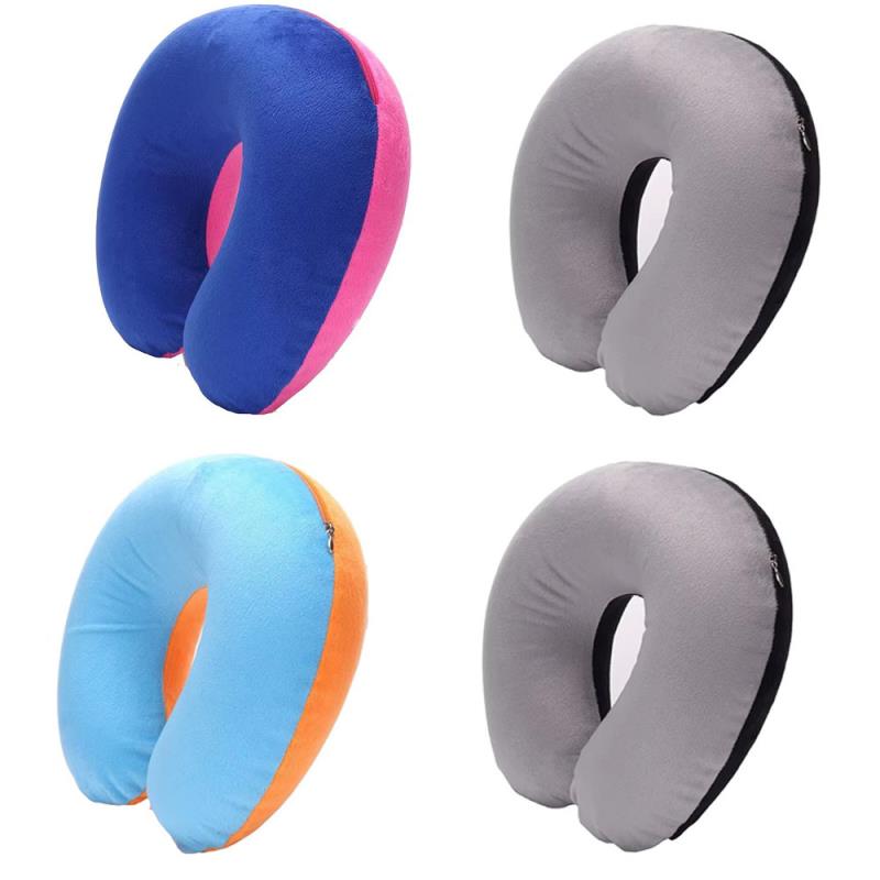 1/4pcs U-shaped Travel Pillow Car Air Flight Office Inflatable Neck Pillow Short Plush Cover PVC Support Headrest