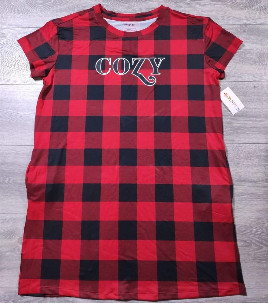 Ночная рубашка Joyspun Пижамная рубашка Взрослая Маленький Средний Красная клетка Уютное платье Женская Унисекс Футболка M