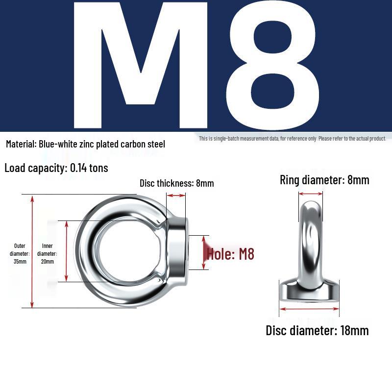 Marine Grade Zinc-Plated Hardened Carbon Steel Lifting Eye Bolt with Nut, Round Ring, Extended Thread, M6 M8 M20