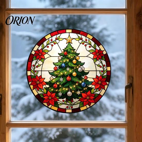Removable Static Window Film Round Christmas Sticker, Stained Glass Style, Holiday Storefront Decals Cling, Santa Claus Tree PVC Decal for Home Decor