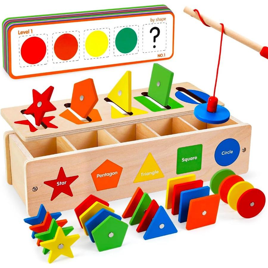 Toddler Montessori Toys Wooden Shape Color Sorting Toys Fine Motor Skill Fishing Game Activities Early Learning Educational Toys