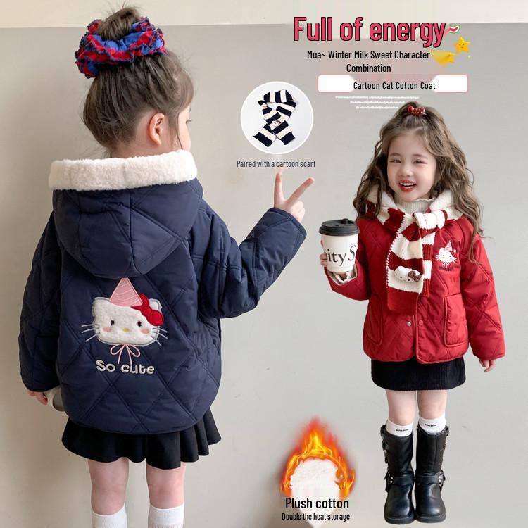 Girls' Red Hooded Cotton Coat with Fleece Lining - Sweet Cartoon Winter Wear for 2025