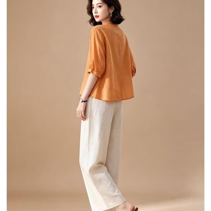 EST+II Women's Ramie Round Neck 3/4 Sleeve Cardigan & Wide-Leg Pants Set
