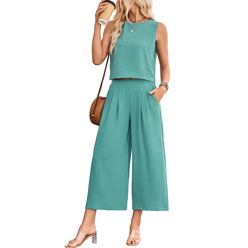 Women Summer Casual Sleeveless Vest Wide Leg Cropped Pants Two Piece Set