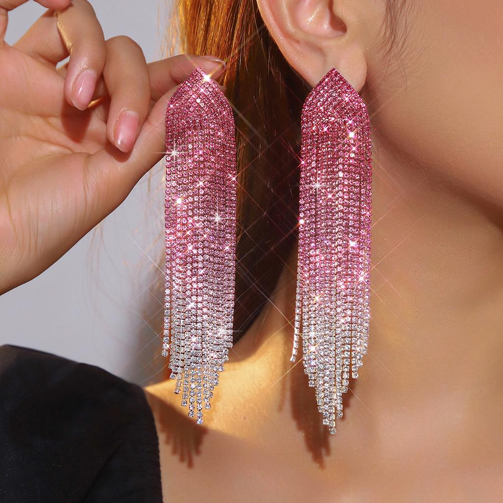 Beliebter Schmuck Luxus glänzender Strass lange Fransenohrringe