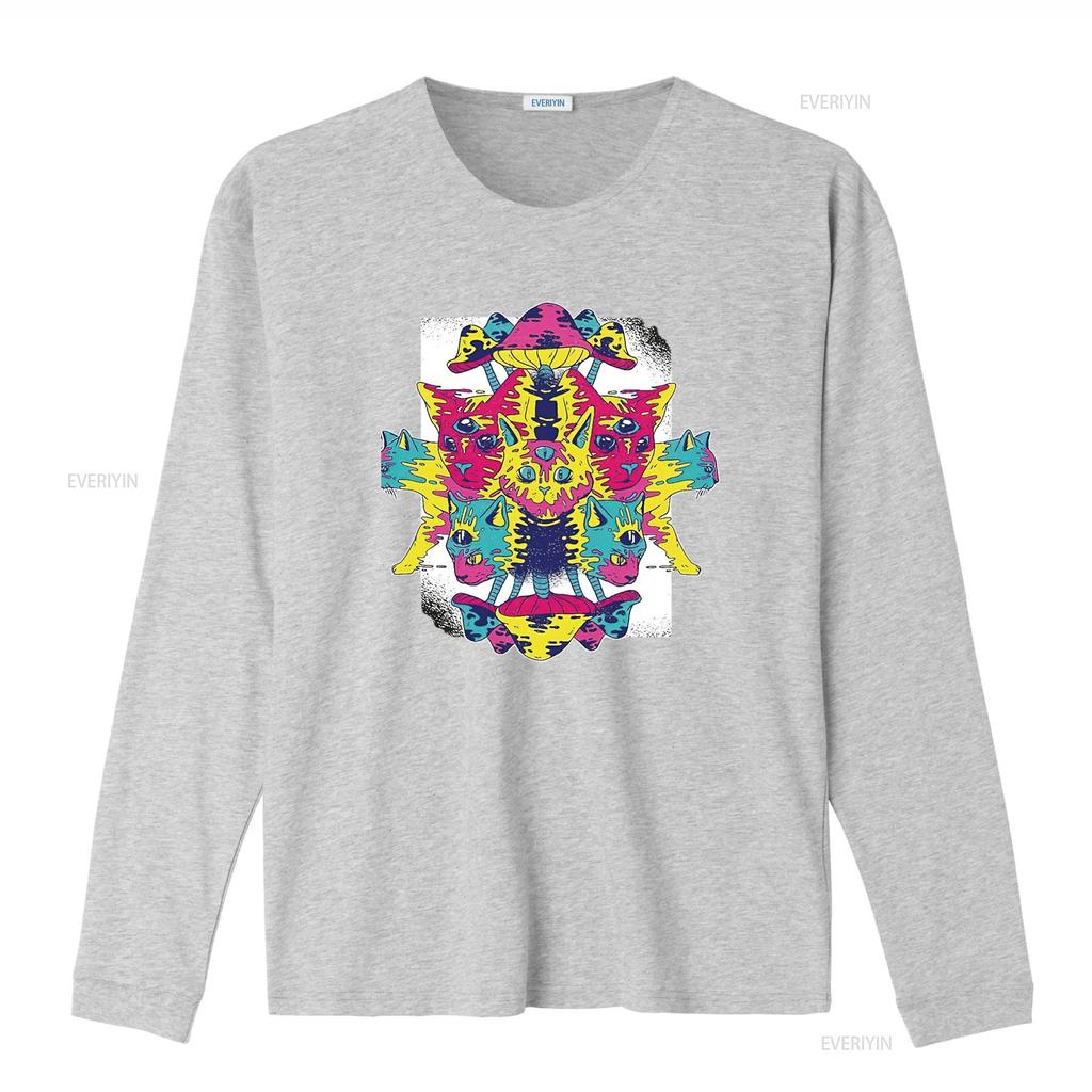 Herren Ideen für Katzenliebhaber Psychedelische Kätzchen und Pilze Design Schwarz Mehrfarbig T-Shirt vintage Gewaschen Dehnbar Stilvoll
