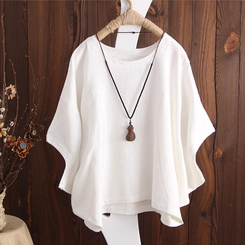 

2022 Women s Loose-Fit Cotton Linen Short-Sleeve Batwing Top XXL білий