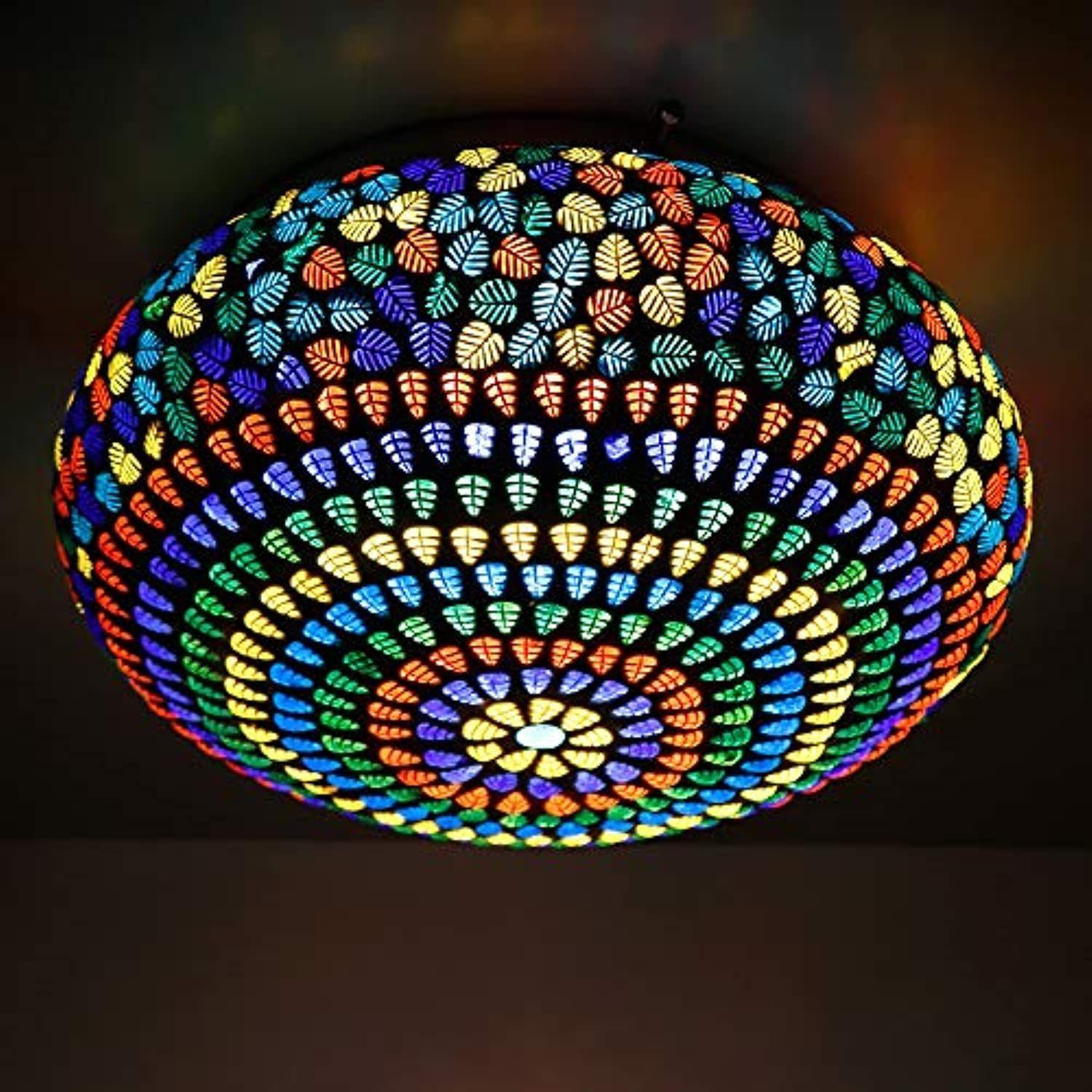 

Turkish Glass Mosaic LED Round Ceiling Lamp - 10 Inches Modern Home Lighting Fixture.