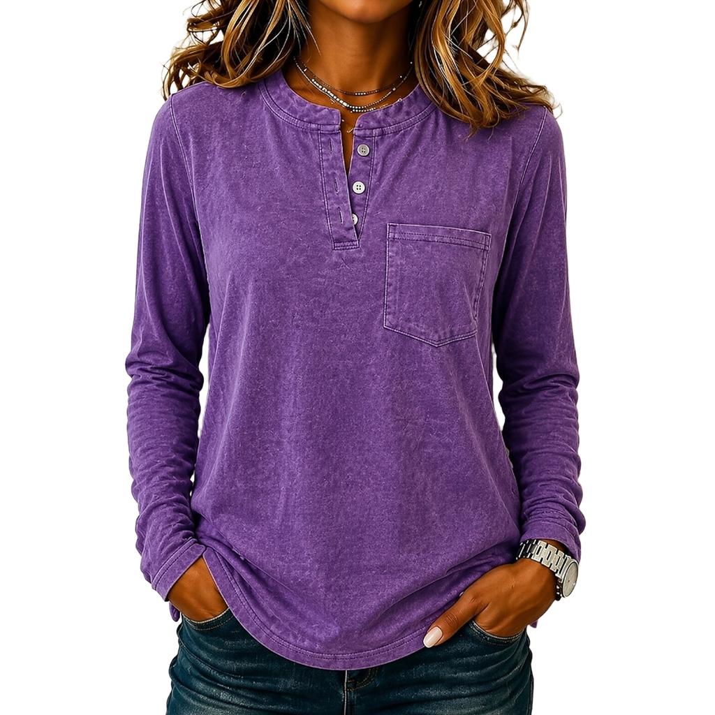 Top Blusa da Donna Casual a Maniche Lunghe con Bottoni Colorato