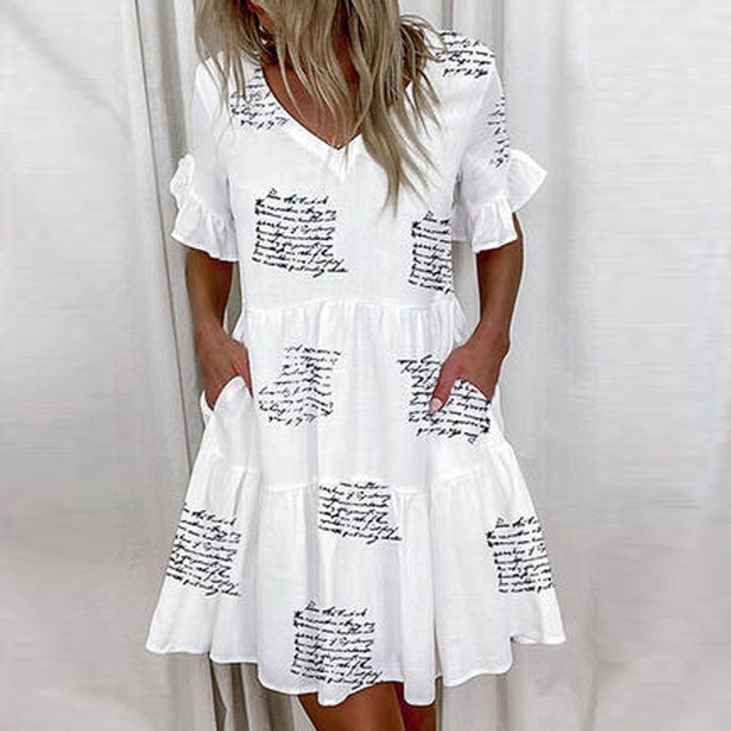 

Printed Flood Short Dress Woman Print Ruffles Short Dress Women Letters S