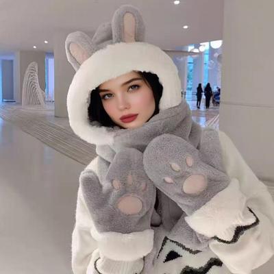 Women Hat Rabbit Ear Decor Thickened Warm 3 In 1 Hat Scarf Gloves Hiking Outings Shopping Winter Headwear
