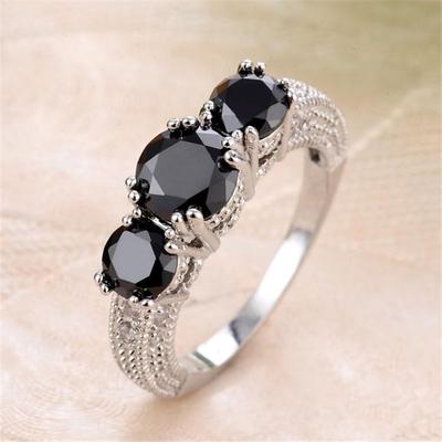 Anel feminino elegante simples três pedras pretas prata cor para festa de casamento tamanho 6-10