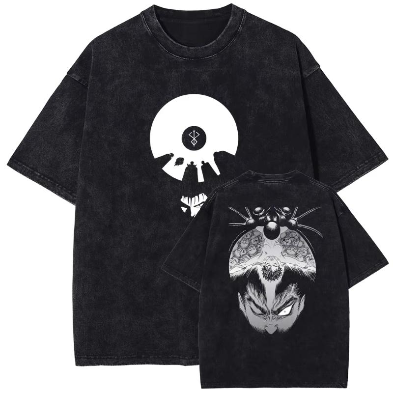 Anime Berserk Griffith Vintage Graphic Washed Tee Men Manga Gothic T-shirts Casual Tshirt Harajuku Male Street Tops
