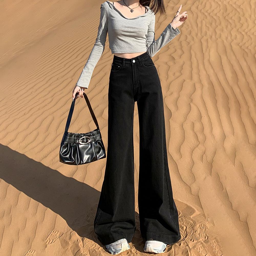Schwarze Wide Leg Jeans für Damen für Frühling und Herbst Niedrige Taille Locker Geschnitten Schlankmachende Hosen für Herbst und Winter