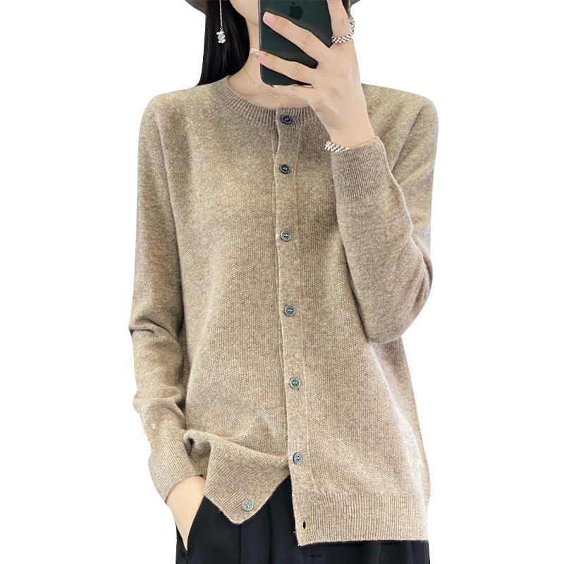 Korean Style Loose Wool Cardigan for Women - 100% Pure Wool, Fine Knit, Round Neck Sweater