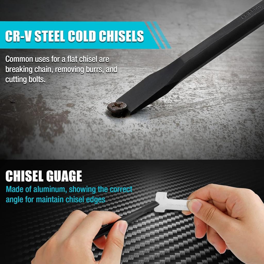 18dílná sada děrovačů a dlát s rolovacím pouzdrem – Kolíkové, Středové, Hřebíkové, Vyrovnávací nástroje, Studené dláto, Měřidlo