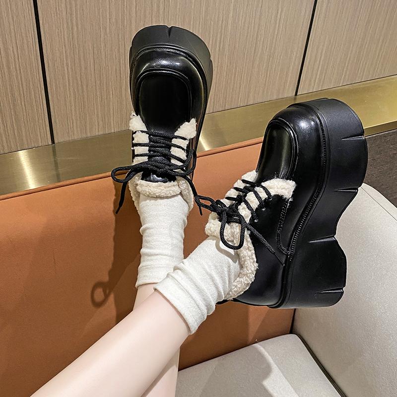 Fashion Women Warm Fur Snow Boots Winter Soft Leather Motorcycle Short Boots High Platform 9CM Ladies Chunky Plush Sneakers Botas Mujer