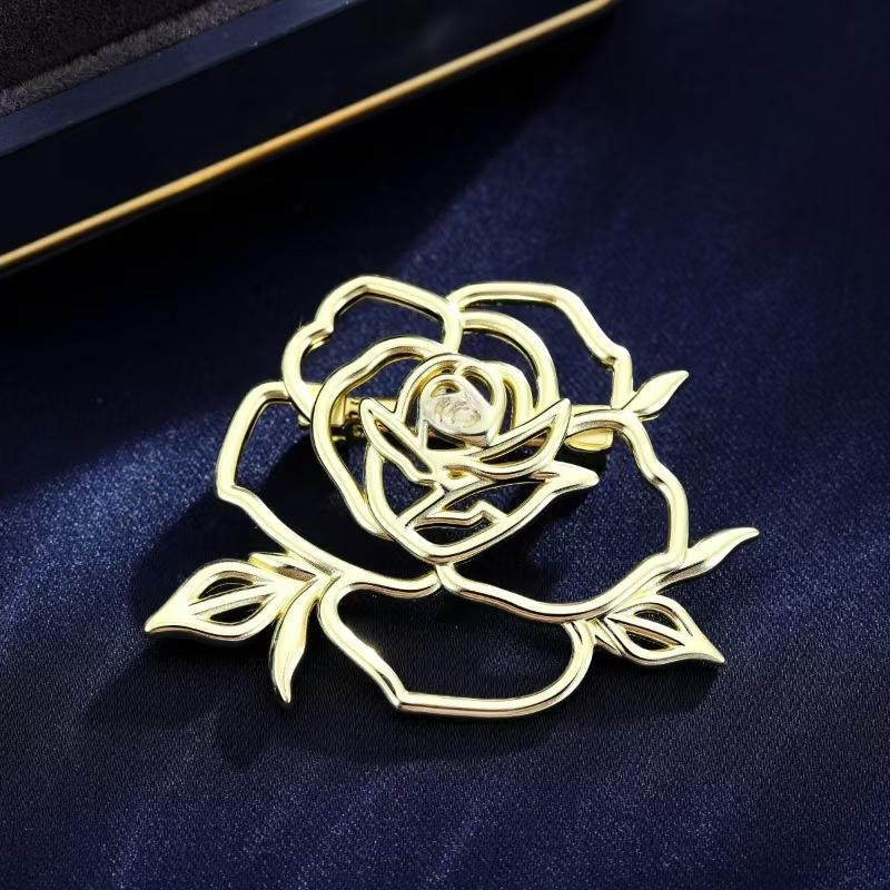 Vintage Openwork Camellia Pin, Luxe Openwork Glittering Rose Brooch For Coat Lapels